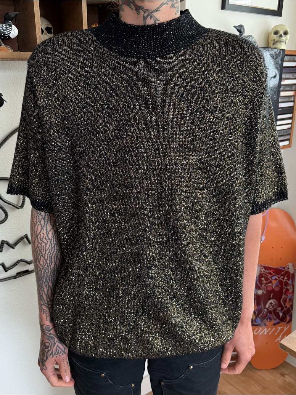 Vintage 80s Black & Gold Mock Neck Short Sleeve Sweater ~ Size XL